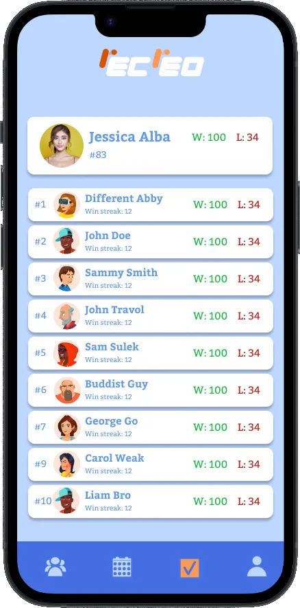 Recreo leaderboard with wins and losses
