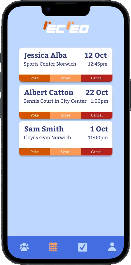Upcoming squash games list in the Recreo app